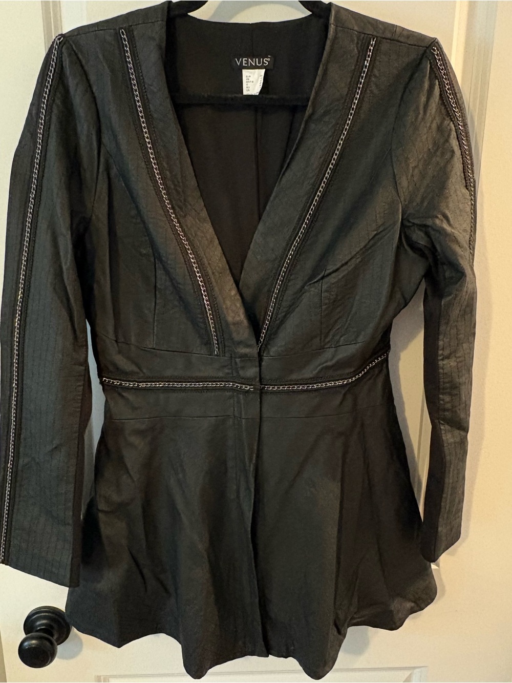 VENUS Black Peplum-Style Tailored Blazer with Decorative Chain Trim